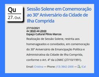 Nesta quarta-feita (27/OUT) tem Sessão Solene em comemoração aos 30 anos da cidade de Ilha Comprida.