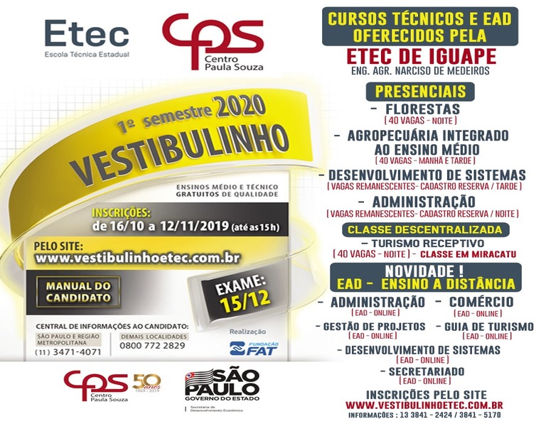 VESTIBULINHO 2019 - Etec "Colegio Agrícola de Iguape" - CONFIRA!!!